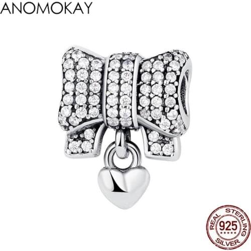 Real 100% Sterling 925 Bow Charms with Heart Classic S925 Silver Pendants Bead for Bracelet DIY Making Accessories