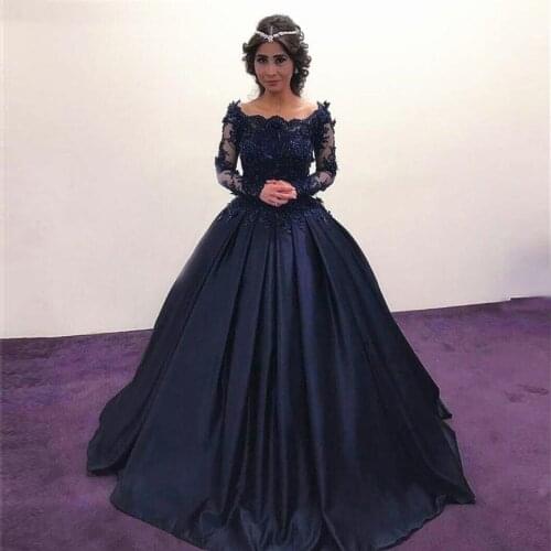 Navy Blue Satin Wedding Dresses Ball Gowns Lace Long Sleeves Applique with Crystals Sexy Bridal Gowns vestido de noiva vintage