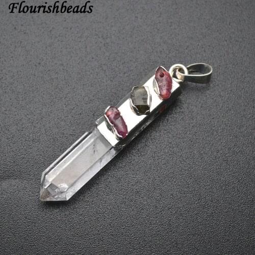 Tourmaline Chips Beads Paved Natural Crystal Pillar Point Stone Silver Color Pendant Fit Necklace Making 5pc per lot