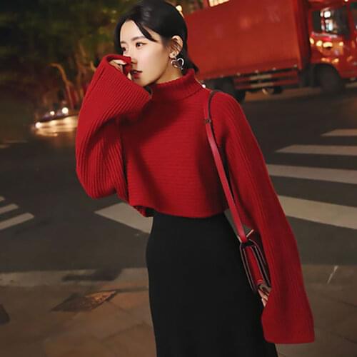 Women 2021 Fashion Warm Cropped Knitted Sweater Two Piece Set Red Long Sleeve Pullovers Tops and Black Velvet Skirt Suit Female