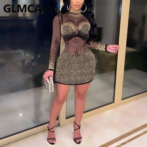 Women Long Sleeve Diamond Embellished Mesh Party Club Mini Dress