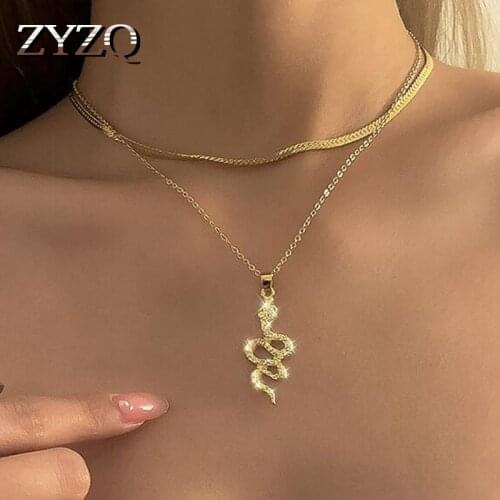 ZYZQ Creative Shiny Snake Pendant Necklace For Women Men ins Personality Punk Double Layer Clavicle Chain Trendy Street Jewelry