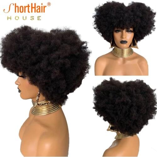 180% Density Short Cut Bob Wigs Mongolian Afro kinky Curly Human Hair Wigs With Bangs For Black Women No Lace Human Hair Wigs