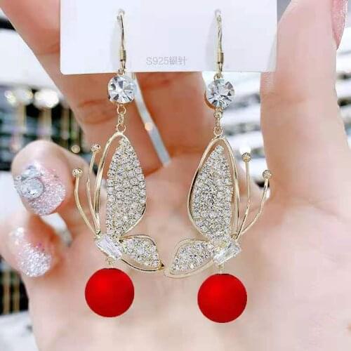 2021 New Fairy Simulation Wing Earring Insect Butterfly Wing Drop Earrings Red Pearl Rhinestone Earrings Romantic Bridal Jewelry