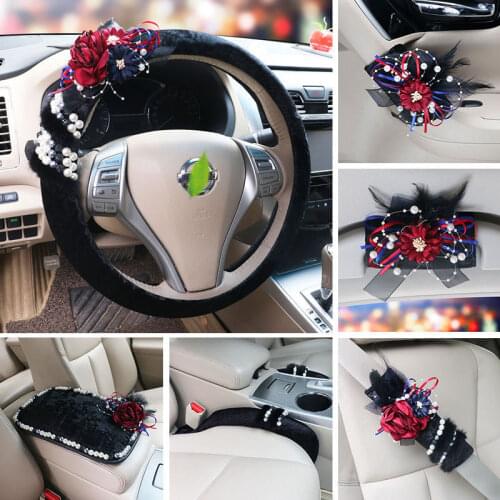 Flower Plush Car Interior Decoration Accessories Set Headrest Pillow Seatbelt Gear Handbrake Mirror Covers Tissue Box Armrest