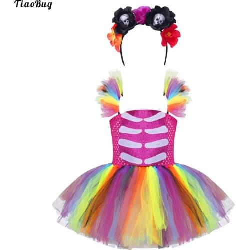 TiaoBug Kids Girls Halloween Cosplay Party Carnival Costumes Straps Skeleton Applique Rainbow Mesh Tutu Dress With Hair Hoop Set