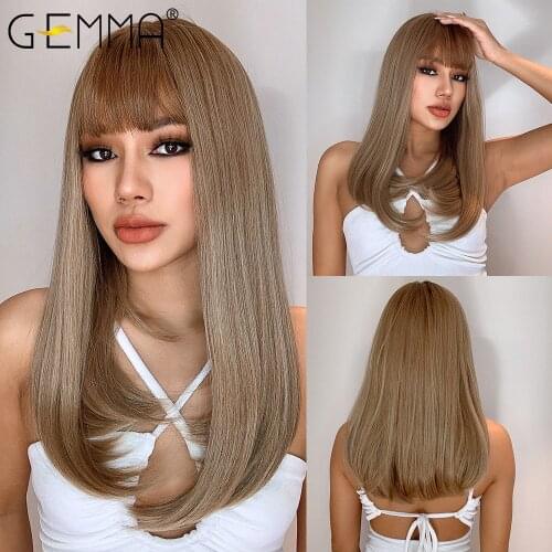 GEMMA Long Straight Blonde Synthetic Wigs With Bangs for Women Cosplay Party Natural Daily Hair Wig High Temperature Fiber
