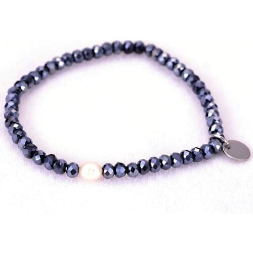 Miasol Tiny Crystal Freshwater Pearl Elastic Bracelets With Round Stainless Steel Charm Dangle