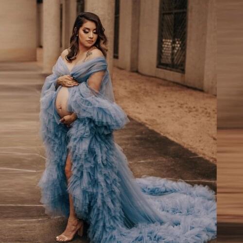 Photo Shoot Dusty Blue Maternity Dress For Photo Shoot Tiered Full Sleeve Sheer Bridal Robe Tulle Dress See Through Custom Made