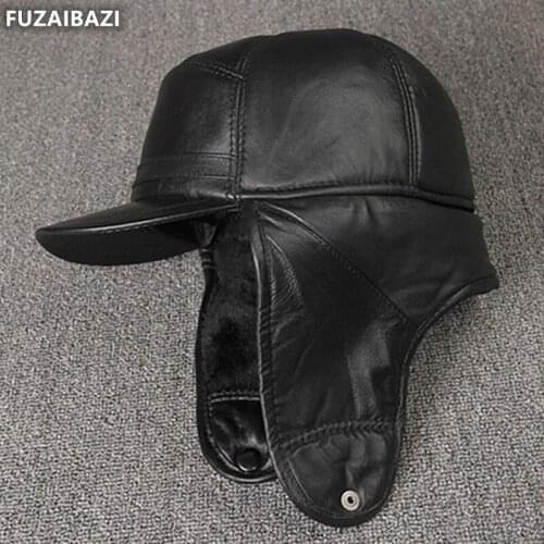 FUZAIBAZI Trend Genuine Leather Hat Winter Thermal Earmuffs Bomber Cap For Mens Fashion Leisure Sports Elderly Winter Hats