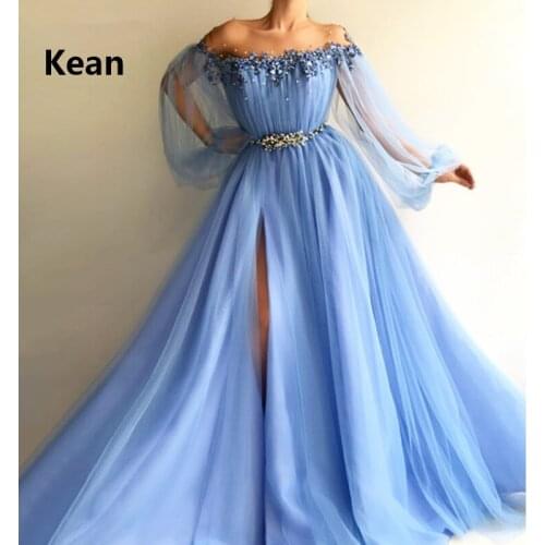 Off the Shoulder Blue Evening Dress Full Sleeve Slit vestido de festa Islamic Dubai Kaftan Saudi Arabic Evening Prom Dress