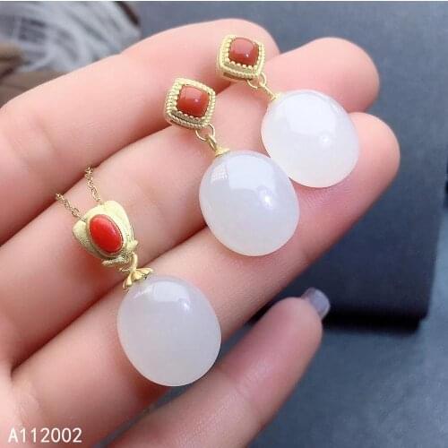 KJJEAXCMY fine jewelry natural white jade 925 sterling silver women pendant necklace earrings set support test beautiful