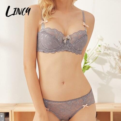 Sexy Lace Bowknot Lingerie Thin mold cup Underwire Push up Bralette Ventilation Cotton bra Panties Female Underwear Set