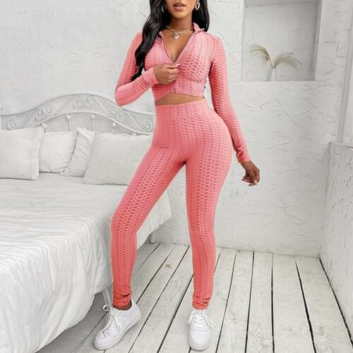 Two Pieces Pant Set for Women Suit Tracksuit Solid Color Long Sleeve Crop Tops with Zipper Long Pants Spring Autumn Outfits New