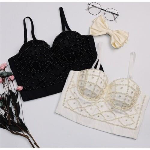 Summer Women Club Fashion Crop Top Solid Sleeveless Backless Beading Sling Straps Camisoles Sexy Ladies Bustier Vest White Black
