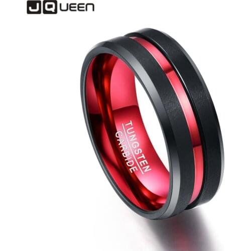 JQUEEN Mens 8MM Black and Red Tungsten Carbide Ring Matte Finish Beveled Edges Size 7 to 16 hot sell AAA Quality