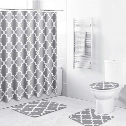 Geometric Shower Curtain Sets With Non-slip Bathroom Rug,Toilet Lid Cover,Bath Mat,Durable Waterproof Bath Curtain For Bathtub