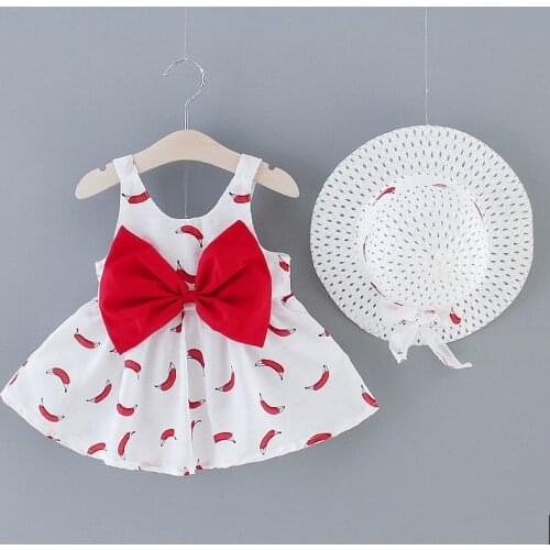 New Summer Baby Dresses Casual Cute Infant Kids Baby Girls Fruit Dot Print Bow Sleeveless Clothes Princess Party Dress + Sun Hat