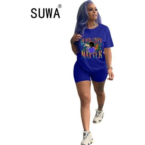 Wholesale sweat suits woman clothing summer 2020 newest arrival letter t-shirt tunic + skinny biker shorts chic suit