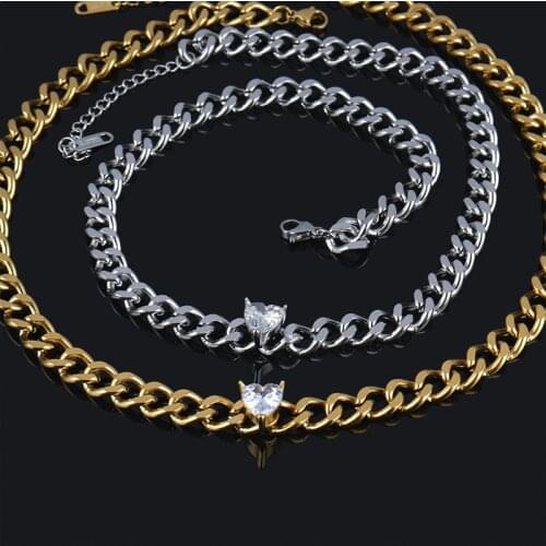 Euramerican Stainless Steel Necklace Zircon Thick Chain Choker Necklace Men Punk Heart Zircon Necklaces For Women Jewelry