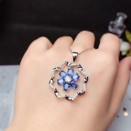 Flower clear blue sapphire gemstone necklace for women silver jewelry fine ornament natural gem real 925 silver Valentine gift