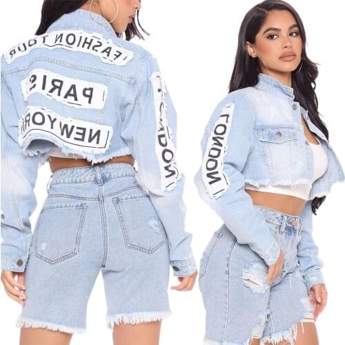 Sexy Fashion Denim Jacket Letter Print Blue Short Denim Coat Hip Hop Music Style Casual Slim Chic Short Jean Jacket Streetwear