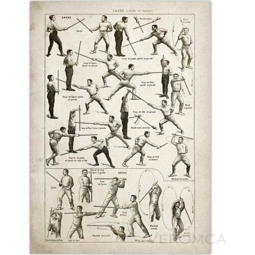 Jiu Jitsu Poster Boxing Wrestling Fencing Fighting Technique Chart Vintage Print Canvas Painting Sword Sabre Cane Stick Baton
