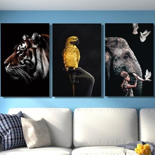 Colorful endangered Animal Poster Canvas painting for living room Tiger Elephant Orangutan Giraffe Parrot Oil Painting