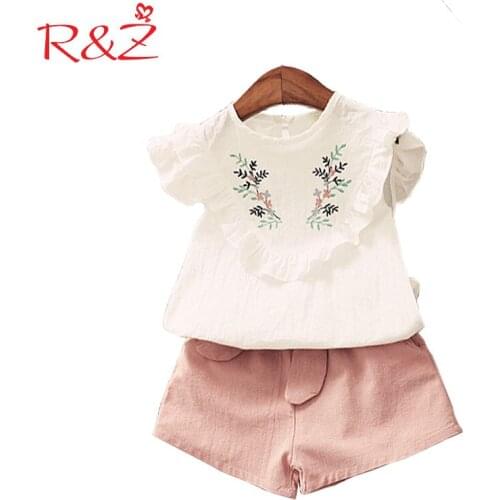 R&Z childrens suit 2019 summer new girls set embroidery flower shirt wooden ear doll shirt shorts two-piece