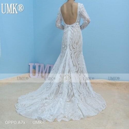 UMK Vintage Boho Wedding Dress Lace Long Sleeve Vestido De Noiva Sexy Backless Beach Bridal Gowns