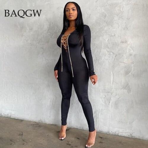 Sexy Hollow Out Jumpsuit Solid Jumpsuits for Women Lace Up with Metal Chain Long Sleeve V-Neck Rompers and Jumpsuit for Women