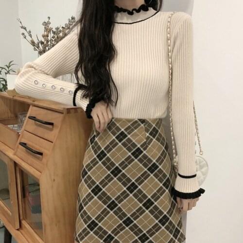 Solid Slim Pull Femme 2021 Autumn Winter Half High Collar Long Sleeve Sweater Womens Knitted Flare Sleeve Pullover Women Tops