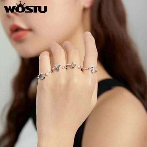 WOSTU Authentic 925 Sterling Silver Colorful Letters Open Adjustable CZ Finger Rings For Women Fine Female Jewelry BKR723