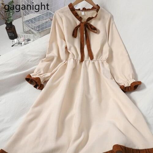 Gaganight Vintage Women Ruffle Maxi Dress Long Sleeve Spring Autumn Chic Korean Dresses Female Bow A Line Bandage Vestidos Sweet