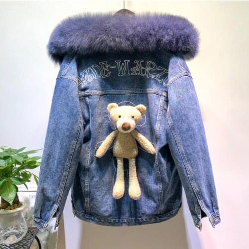 Winter Fashion Warm Real Natural Fox Fur coat + Real Rabbit Hair Liner Denim Jacket Female Doll Gift Real Fur Outwear F2260