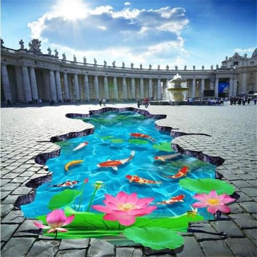 Beibehang Custom flooring painting 3d self-adhesive decorative painting lotus pond nine fish map lotus floor 3D outdoor painting
