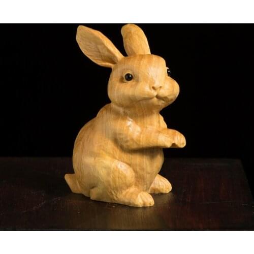 6CM Boxwood Cute Zodiac Rabbit Solid Wood Carving Crafts Wood Statue Rabbit Ornaments Home Decor