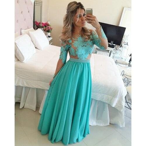 Long Sleeve Prom party gown 2018 Turquoise Chiffon Nude Tulle Appliques A line Floor Length vestido de festa bridesmaid dresses