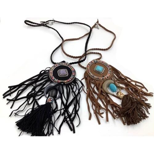 Bohemian necklace beaded women long chic boho necklace multi layers leather tassel pendant necklace handmade statement 2021 new