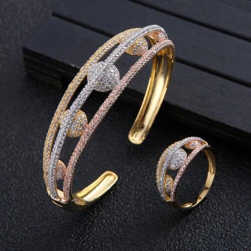 Big Luxury 3 Color Multicolor Ball Bangle Ring Sets For Women Wedding Cubic Zircon Engagement DUBAI Bridal Jewelry Sets FC041