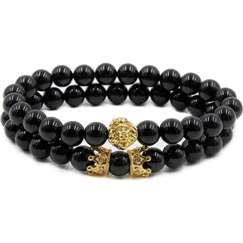 Charm Bracelet Lion Head with Crown Bracelet 8mm Natural & OXY Stone Beads Pave CZ Crowns Men Women Jewelry