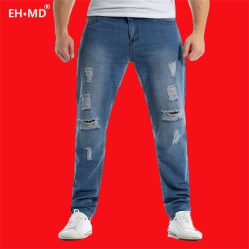 EH·MD® Scratched Knee Jeans Mens Multiple Holes Cotton High Elastic Loose Straight Pants Breathable Thin Comfortable Solid New