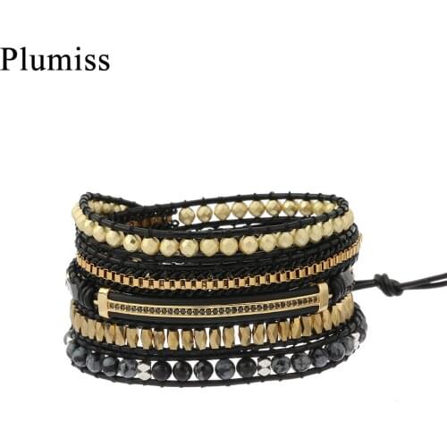 Exclusive Natural Stone Charm Bracelets for Women with Copper Accessories Stainless Steel Chain Leather Wrap Bracelet Jewelry