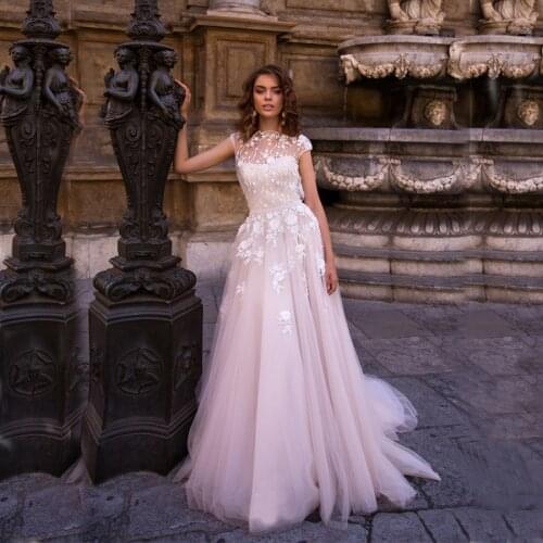 Elegant O-neck Applique Lace Tulle A-line Wedding Dresses With Beading Sashes Cap Sleeves Bride Dress For Women