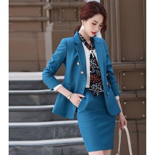 Elegant Autumn Skirt Suit Women Black Blue Purple Two Pieces Set Ladies Occupation Winter Clothes Female Skirt Blazer Set