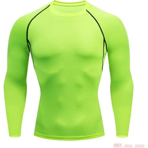 Men T-shirt Long sleeve Solid color Light Green Sports tight Fitness tracksuit rashgard Male MMA shirt Moisture wicking T-shirt