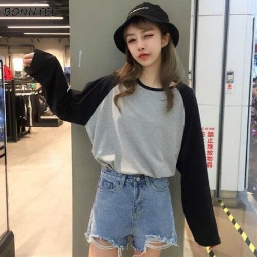 Long Sleeve T-shirts Women Harajuku Patchwork O-Neck Basic Tees Bf Loose Casual Tops Female Korean Style Ins Trendy Spring Fall