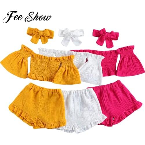 3Pcs Toddler Baby Girls Solid Color Crop Top T-shirts Ruffle Shorts Outfits Set Off Shoulder Clothes Summer Suits Headband 9M-4T