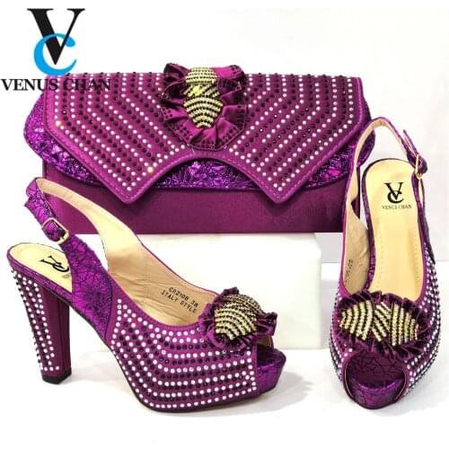 2021 New Italian Design Fashion Purple Color Party Elegant Women Shoes and Bag Nigerian Set Decorated With Rhinestone Mixing