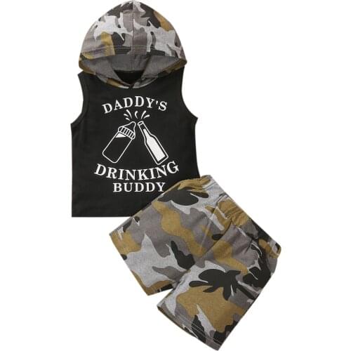 1-4Years Kids Baby Boys 2-piece Outfit Set Sleeveless Hooded Letter Print Tops+Camouflage Shorts Set